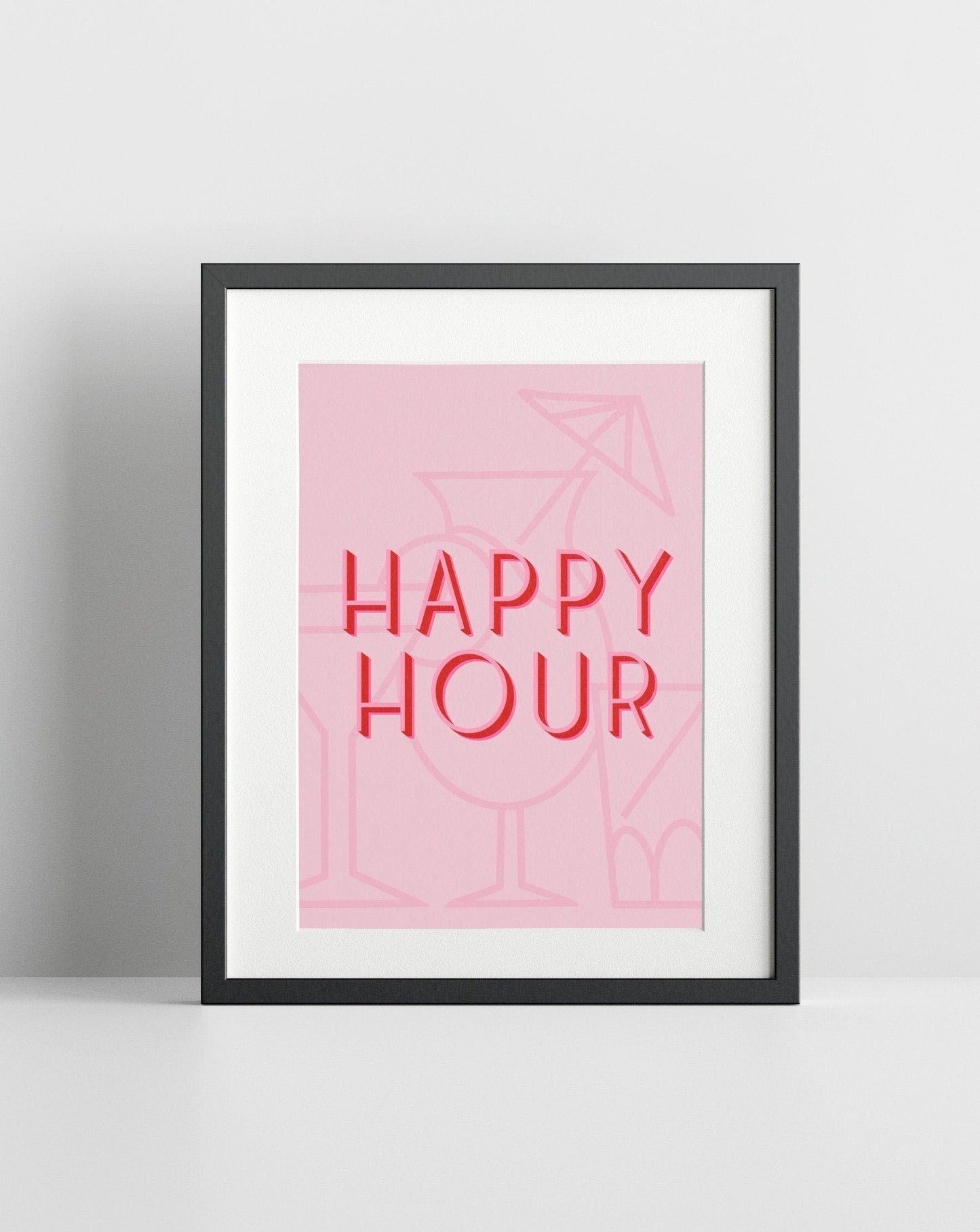 Happy Hour Pink Cocktail Print - 200gsm Gloss Poster - Colourful Poster - A4 Kitchen Bar Poster Print - Typography Lettered Quote Prints