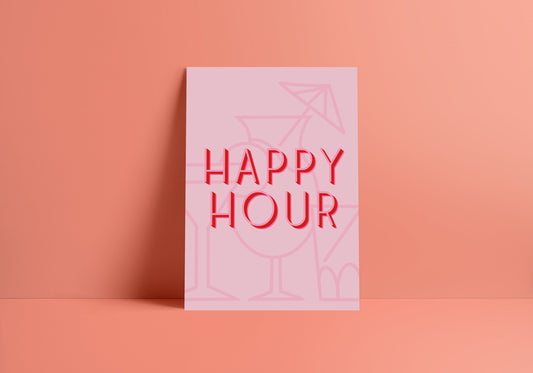 Happy Hour Pink Cocktail Print - 200gsm Gloss Poster - Colourful Poster - A4 Kitchen Bar Poster Print - Typography Lettered Quote Prints